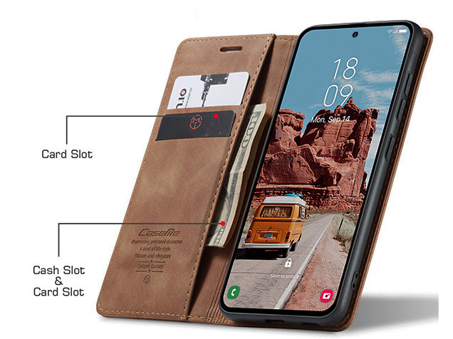 CaseMe Slim Synthetic Leather Wallet Case with Stand for Samsung Galaxy S25 - Tan