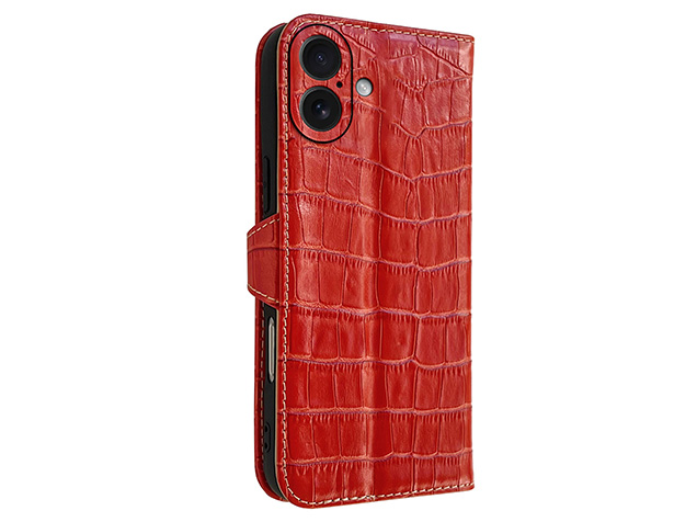 Crocodile Patterned Top-Grain Leather Wallet Case for iPhone 17 - Red Leather Wallet Case