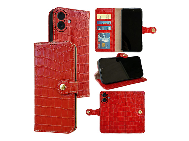 Crocodile Patterned Top-Grain Leather Wallet Case for iPhone 17 - Red