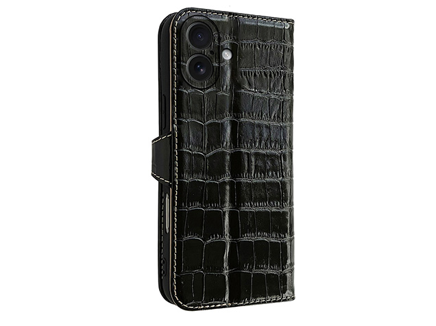 Crocodile Patterned Top-Grain Leather Wallet Case for iPhone 17 - Black Leather Wallet Case