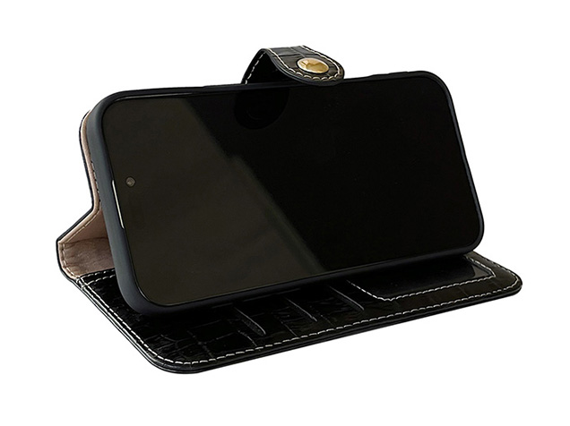 Crocodile Patterned Top-Grain Leather Wallet Case for iPhone 17 - Black