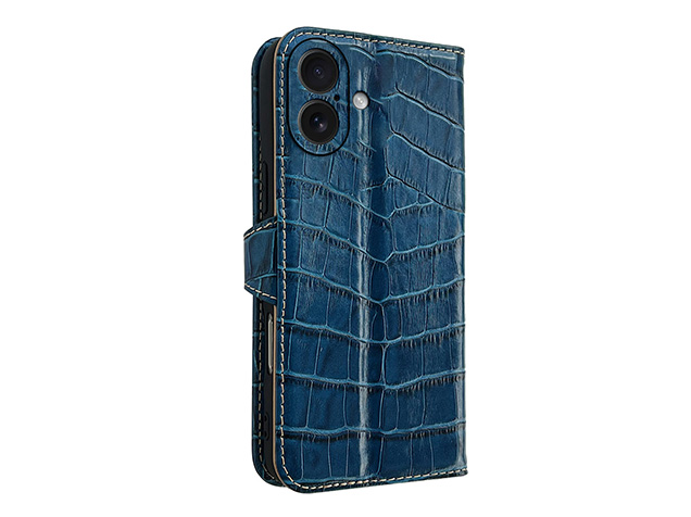 Crocodile Patterned Top-Grain Leather Wallet Case for iPhone 17 - Blue Leather Wallet Case