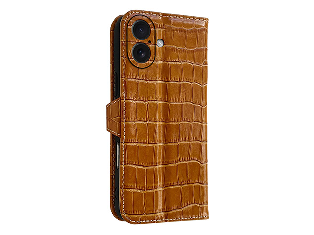 Crocodile Patterned Top-Grain Leather Wallet Case for iPhone 17 - Tan Leather Wallet Case