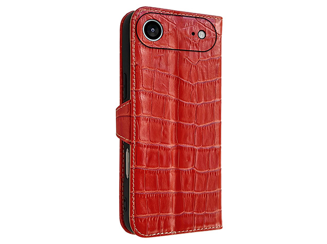 Crocodile Patterned Top-Grain Leather Wallet Case for iPhone Air - Red Leather Wallet Case