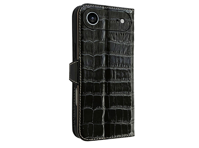 Crocodile Patterned Top-Grain Leather Wallet Case for iPhone Air - Black