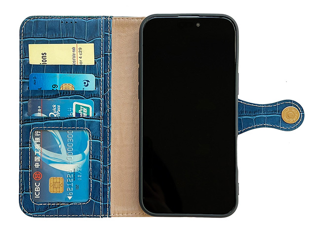 Crocodile Patterned Top-Grain Leather Wallet Case for iPhone Air - Blue