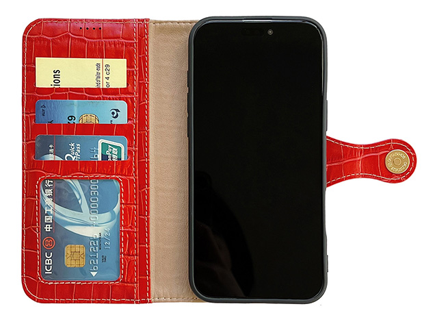 Crocodile Patterned Top-Grain Leather Wallet Case for iPhone 17 Pro - Red