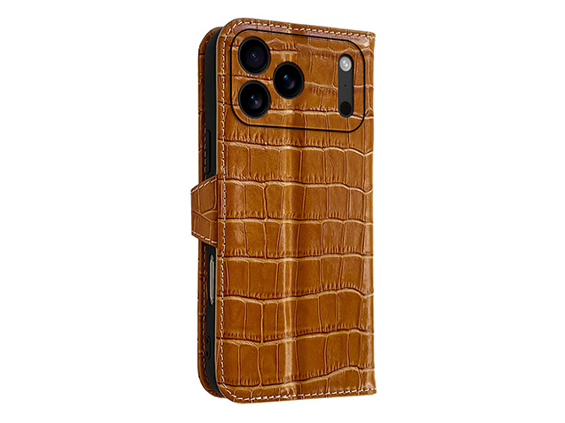 Crocodile Patterned Top-Grain Leather Wallet Case for iPhone 17 Pro - Tan Leather Wallet Case