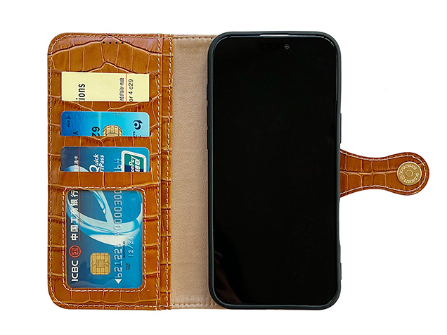 Crocodile Patterned Top-Grain Leather Wallet Case for iPhone 17 Pro - Tan