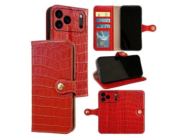 Crocodile Patterned Top-Grain Leather Wallet Case for iPhone 17 Pro Max - Red