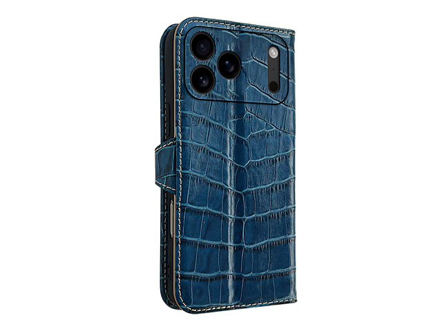 Crocodile Patterned Top-Grain Leather Wallet Case for iPhone 17 Pro Max - Blue
