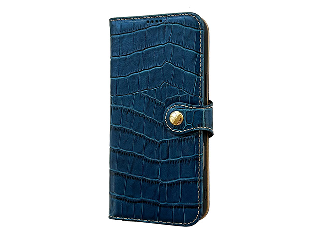 Crocodile Patterned Top-Grain Leather Wallet Case for iPhone 17 Pro Max - Blue