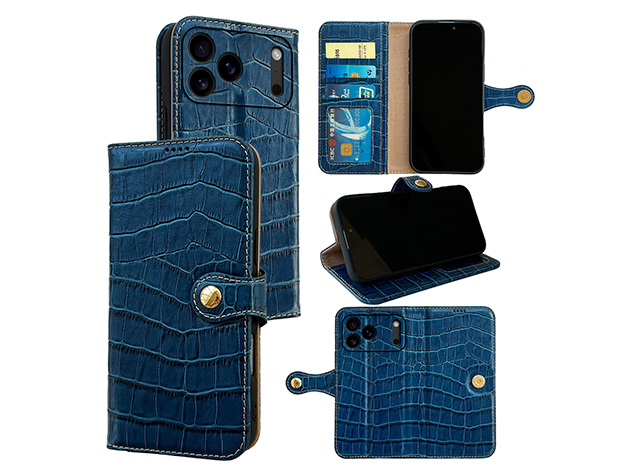 Crocodile Patterned Top-Grain Leather Wallet Case for iPhone 17 Pro Max - Blue