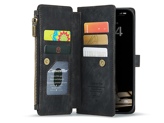 CaseMe Synthetic Leather Wallet Case with Zipper Pocket for iPhone 17 - Charcoal