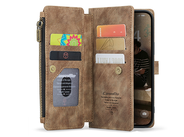 CaseMe Synthetic Leather Wallet Case with Zipper Pocket for iPhone 17 - Dessert Taupe