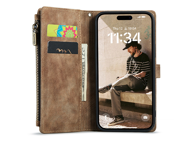 CaseMe Synthetic Leather Wallet Case with Zipper Pocket for iPhone 17 - Dessert Taupe