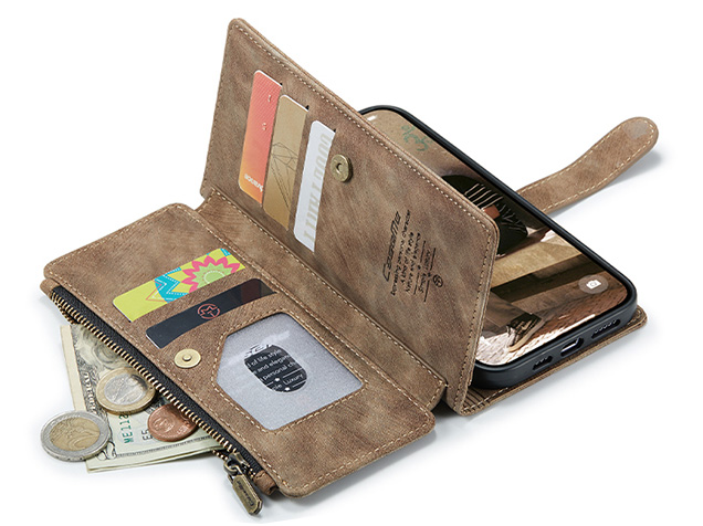CaseMe Synthetic Leather Wallet Case with Zipper Pocket for iPhone 17 - Dessert Taupe