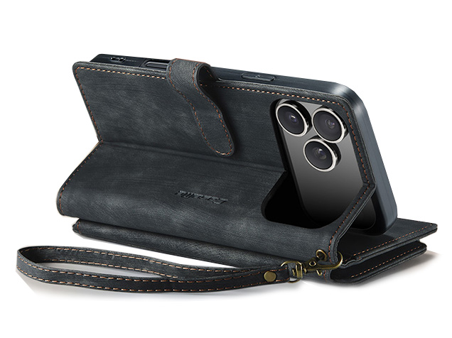 CaseMe Synthetic Leather Wallet Case with Zipper Pocket for iPhone 17 Pro - Charcoal Leather Wallet Case