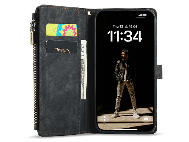 CaseMe Synthetic Leather Wallet Case with Zipper Pocket for iPhone 17 Pro - Charcoal
