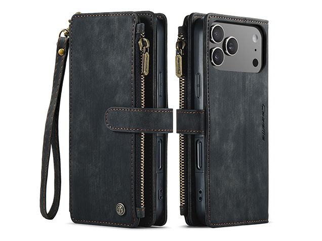 CaseMe Synthetic Leather Wallet Case with Zipper Pocket for iPhone 17 Pro - Charcoal