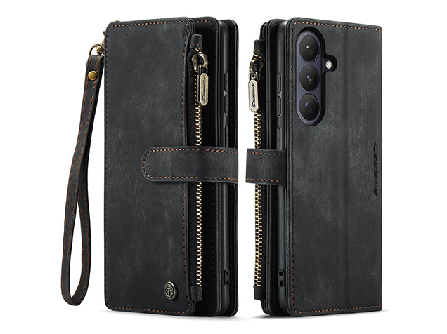 CaseMe Synthetic Leather Wallet Case with Zipper Pocket for Samsung Galaxy S26 - Charcoal Leather Wallet Case