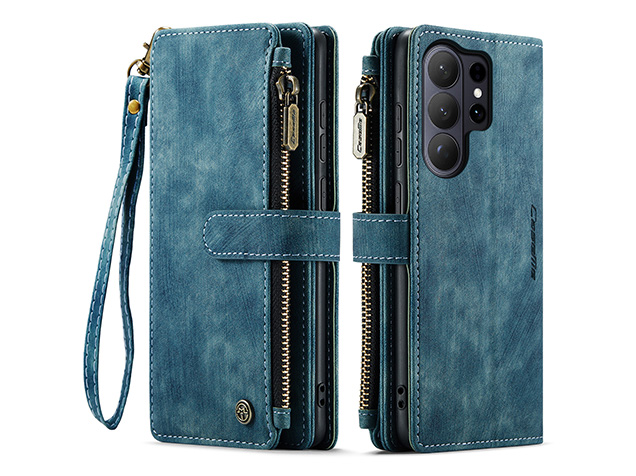 CaseMe Synthetic Leather Wallet Case with Zipper Pocket for Samsung Galaxy S26 Ultra - Teal Leather Wallet Case