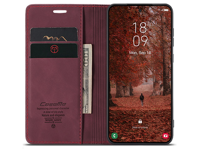 CaseMe Slim Synthetic Leather Wallet Case with Stand for Samsung Galaxy S26 - Burgundy
