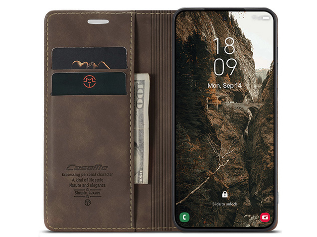 CaseMe Slim Synthetic Leather Wallet Case with Stand for Samsung Galaxy S26+ - Chocolate