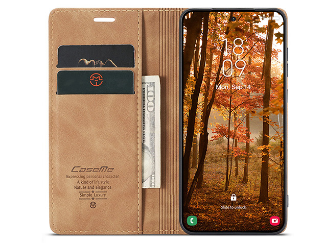 CaseMe Slim Synthetic Leather Wallet Case with Stand for Samsung Galaxy S26+ - Tan