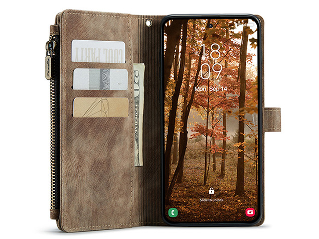 CaseMe Synthetic Leather Wallet Case with Zipper Pocket for Samsung Galaxy S26 - Desert Taupe