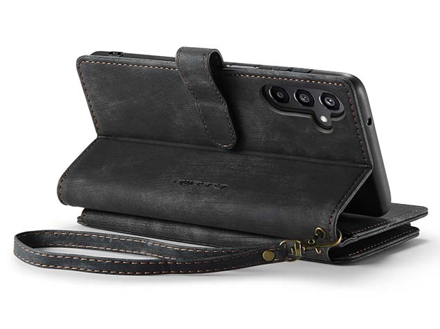 CaseMe Synthetic Leather Wallet Case with Zipper Pocket for Samsung Galaxy A37 - Charcoal Leather Wallet Case
