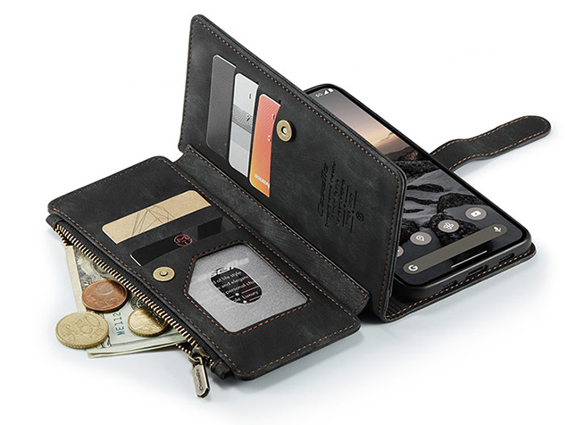 CaseMe Synthetic Leather Wallet Case with Zipper Pocket for Google Pixel 11 - Charcoal