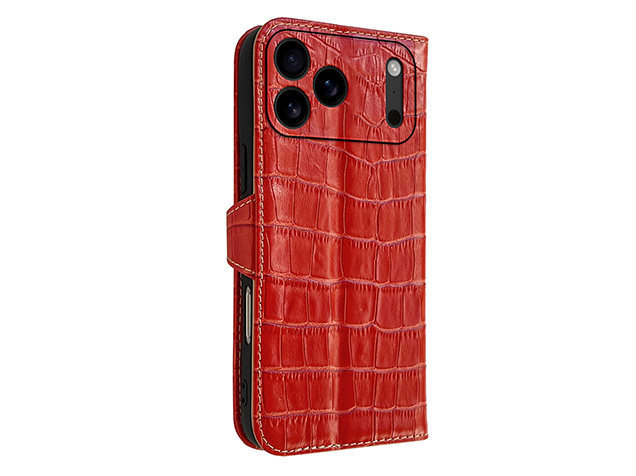 Crocodile Patterned Top-Grain Leather Wallet Case for iPhone 18 Pro Max - Red Leather Wallet Case