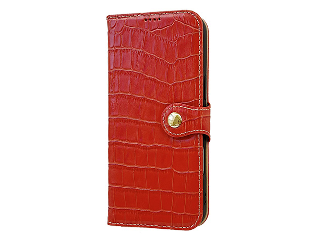 Crocodile Patterned Top-Grain Leather Wallet Case for iPhone 18 Pro Max - Red