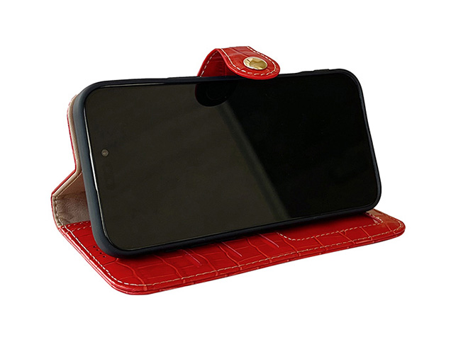 Crocodile Patterned Top-Grain Leather Wallet Case for iPhone 18 Pro Max - Red