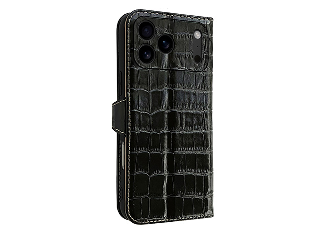 Crocodile Patterned Top-Grain Leather Wallet Case for iPhone 18 Pro Max - Black Leather Wallet Case
