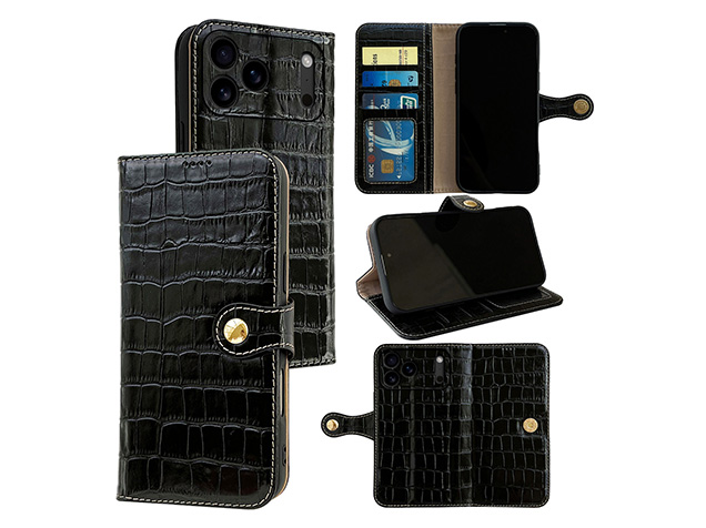 Crocodile Patterned Top-Grain Leather Wallet Case for iPhone 18 Pro Max - Black