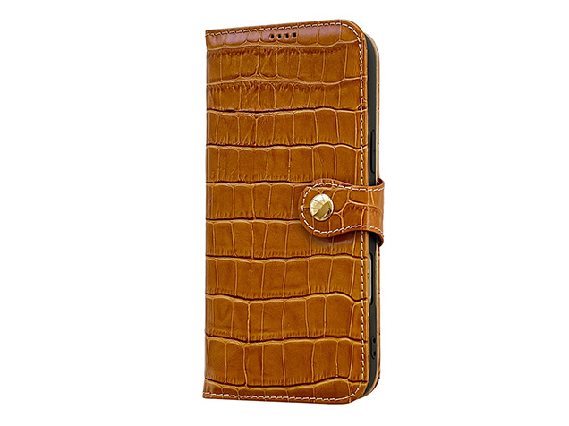 Crocodile Patterned Top-Grain Leather Wallet Case for iPhone 18 Pro Max - Tan
