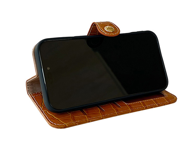 Crocodile Patterned Top-Grain Leather Wallet Case for iPhone 18 Pro Max - Tan
