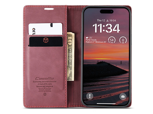 CaseMe Slim Synthetic Leather Wallet Case with Stand for iPhone 18 Pro - Burgundy