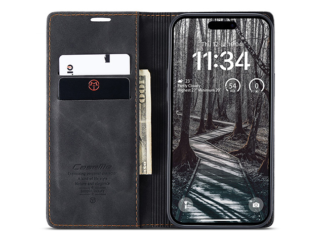 CaseMe Slim Synthetic Leather Wallet Case with Stand for iPhone 18 Pro - Charcoal