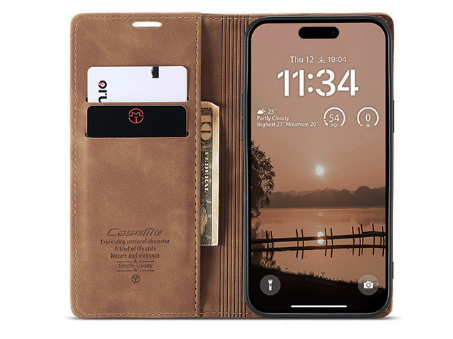 CaseMe Slim Synthetic Leather Wallet Case with Stand for iPhone 18 Pro - Tan