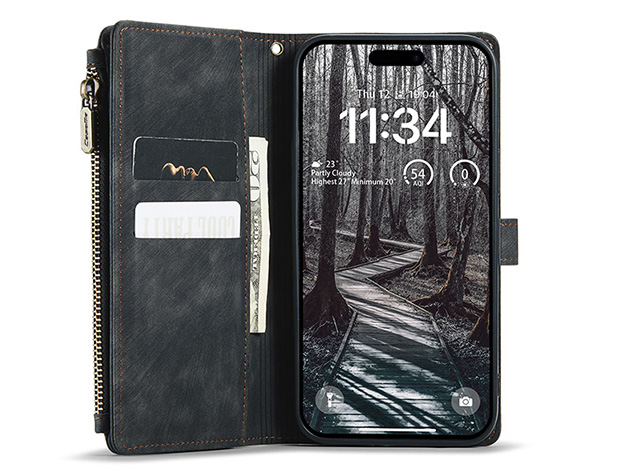 CaseMe Synthetic Leather Wallet Case with Zipper Pocket for iPhone 18 Pro - Charcoal
