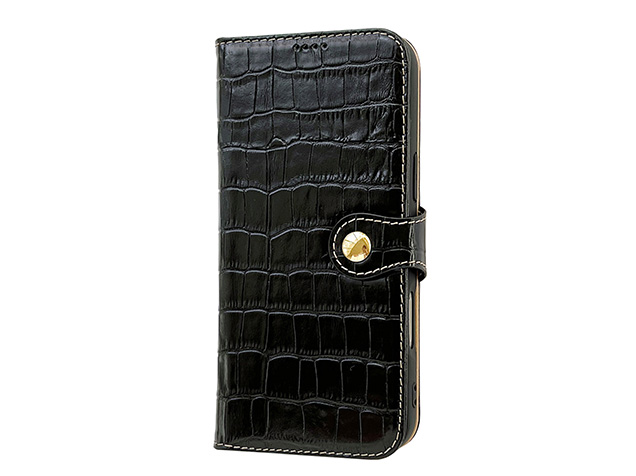 Crocodile Patterned Top-Grain Leather Wallet Case for iPhone 18 Pro - Black