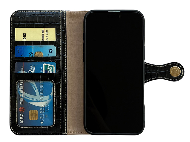 Crocodile Patterned Top-Grain Leather Wallet Case for iPhone 18 Pro - Black