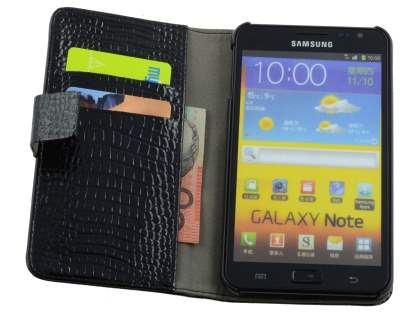 Samsung Galaxy Note Synthetic Crocodile Skin leather Wallet Case with Stand - Classic Black
