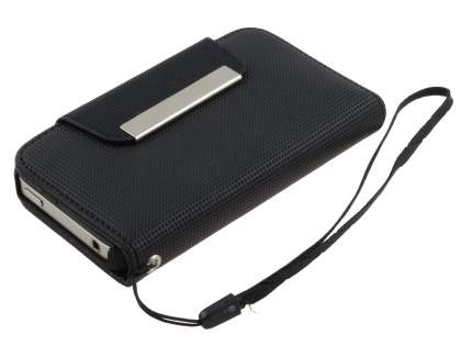 Stylish Synthetic Leather Wallet Case with Strip for iPhone 4/4S - Classic Black