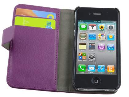 iPhone 4/4S Slim Synthetic Leather Wallet Case with Stand - Purple