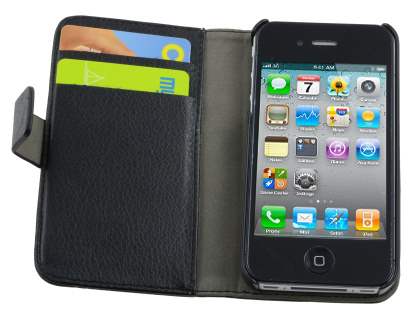 iPhone 4/4S Slim Synthetic Leather Wallet Case with Stand - Classic Black