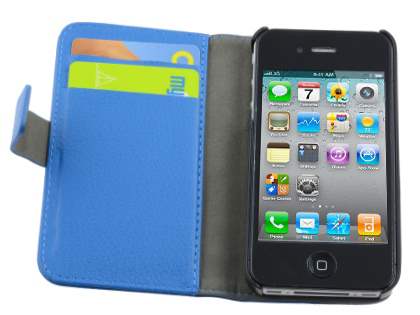 iPhone 4/4S Slim Synthetic Leather Wallet Case with Stand - Blue